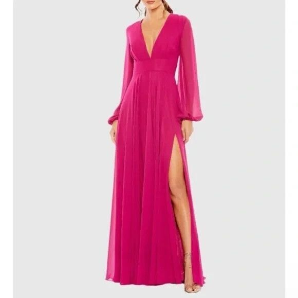 NWT‎ MAC DUGGAL V-NECK ILLUSION LONG SLEEVE GOWN  MSRP $398 SZ 12 55682 BERRY - Picture 1 of 4